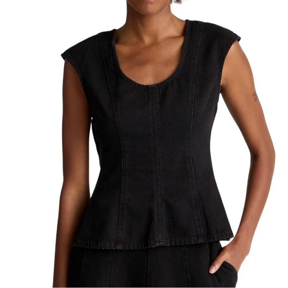 Madewell Airy Denim Seamed Scoopneck Top‎ Women 4 Black Wash Peplum Minimalist
